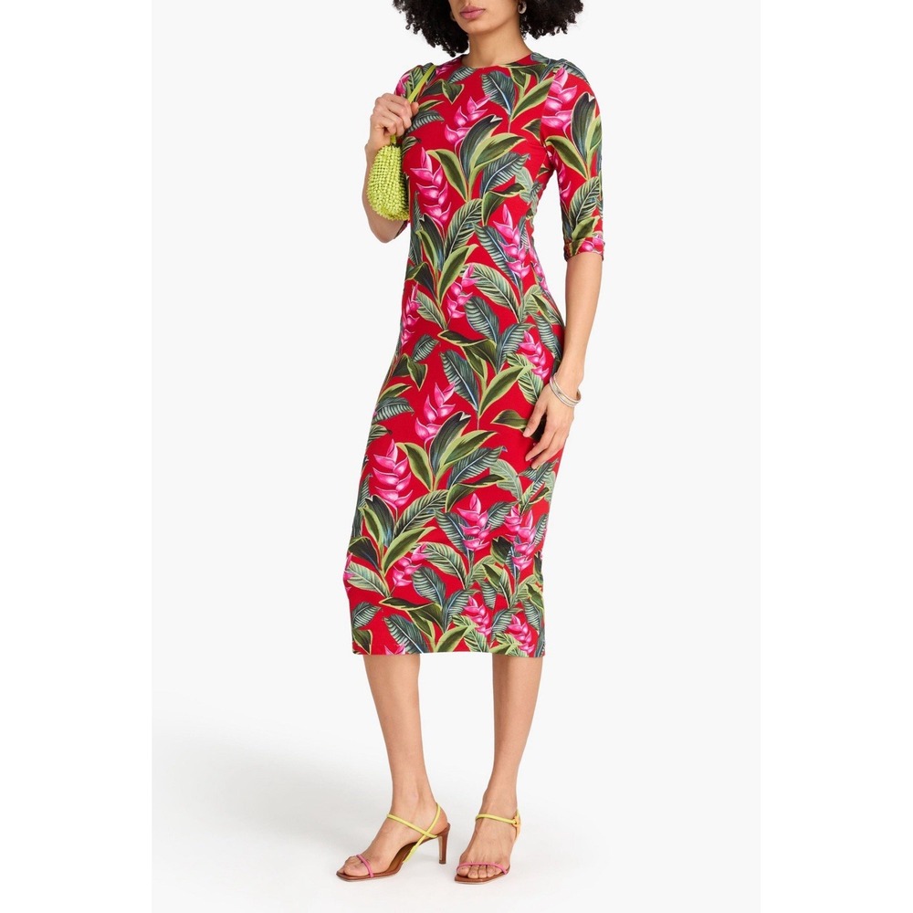 Farm Rio Red Dream Garden Jersey Midi Dress Medium Sleeve Stretch Tropical EUC